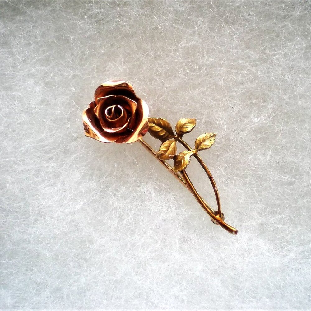 Vintage Solid 14K Rose Pink Yellow Green Gold 3D Rose Flower Brooch Pin